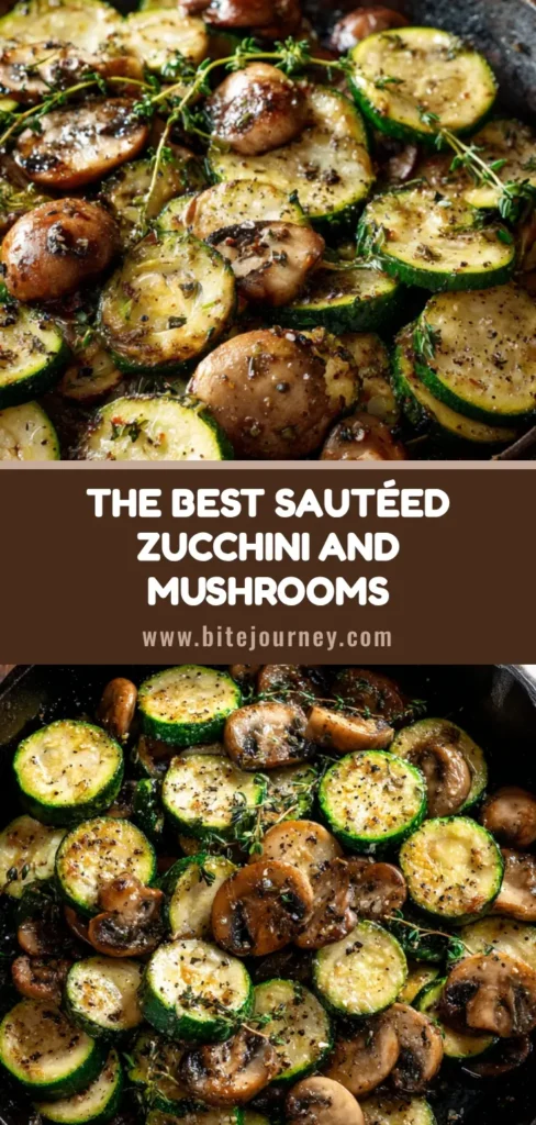 A top-down view of a white serving platter filled with delicious Sauteed Zucchini and Mushrooms, garnished with fresh herbs. The perfect quick and healthy side dish.