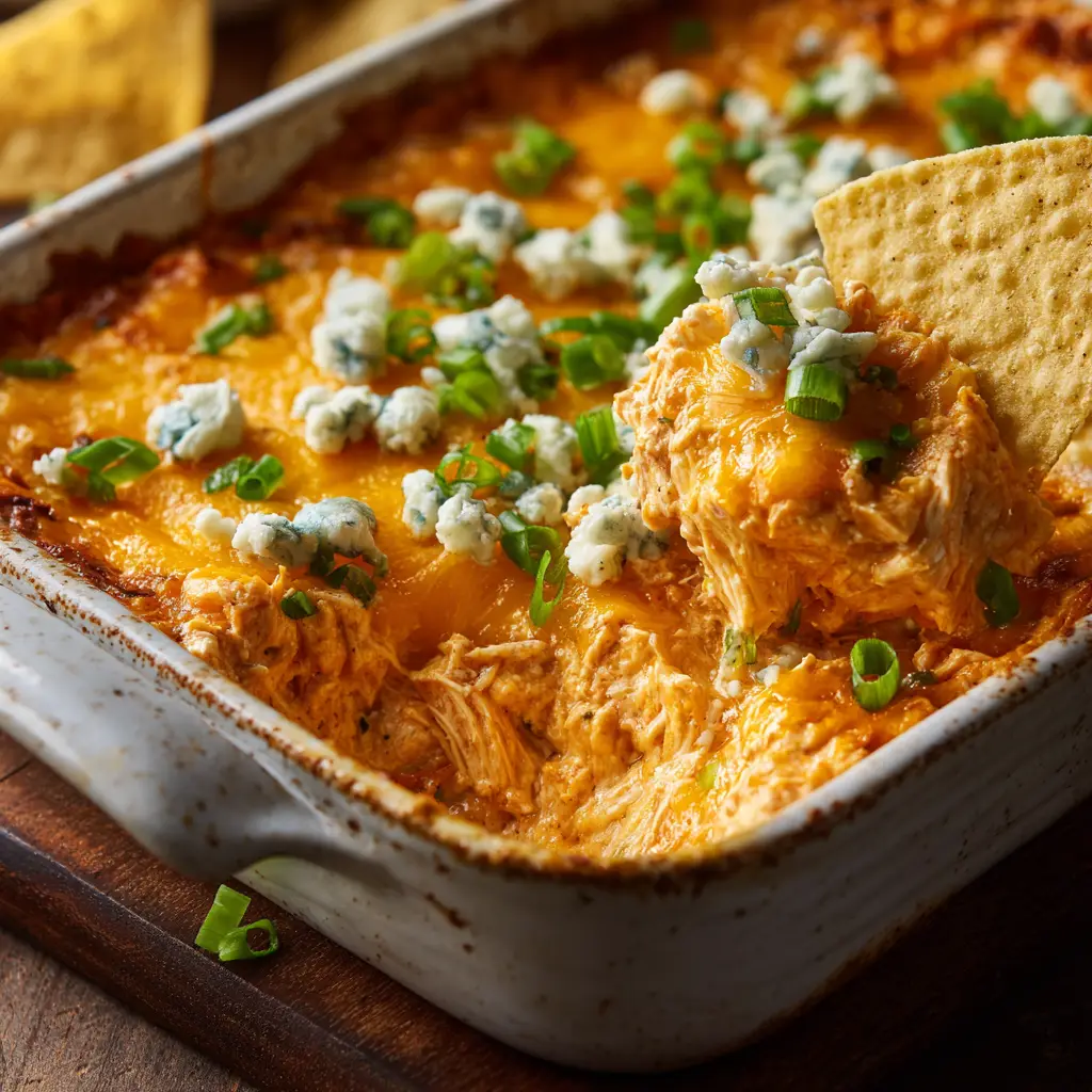 A person dipping a tortilla chip into the warm and creamy buffalo chicken dip.