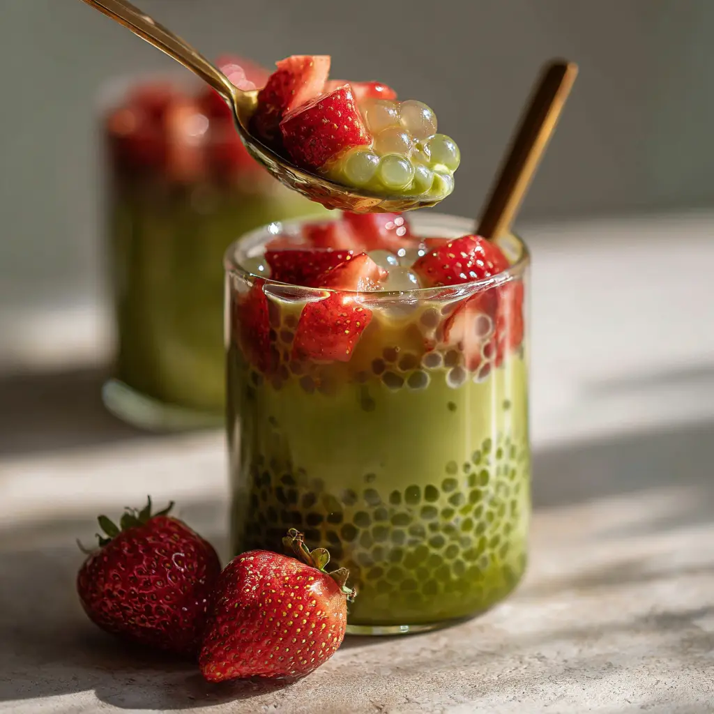 A top-down view of the creamy matcha layer in the strawberry matcha sago drink, showing its vibrant green color.
