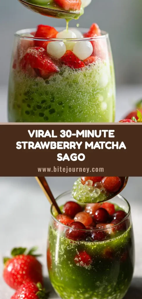A tall glass of Strawberry Matcha Sago showing distinct layers of red strawberry puree, white milk, and green matcha, with a straw inside.