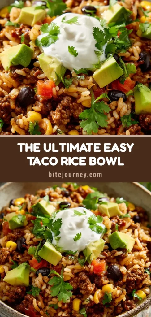 A close-up overhead shot of a delicious Taco Rice Bowl in a rustic stoneware bowl, ready to be pinned for later.