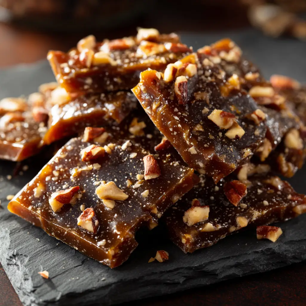 A piece of homemade Georgia toffee being broken to show its crunchy texture, with chopped pecans visible on the glossy surface.