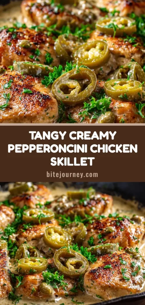 A close-up overhead shot of creamy pepperoncini chicken in a rustic cast iron skillet, garnished with fresh parsley.
