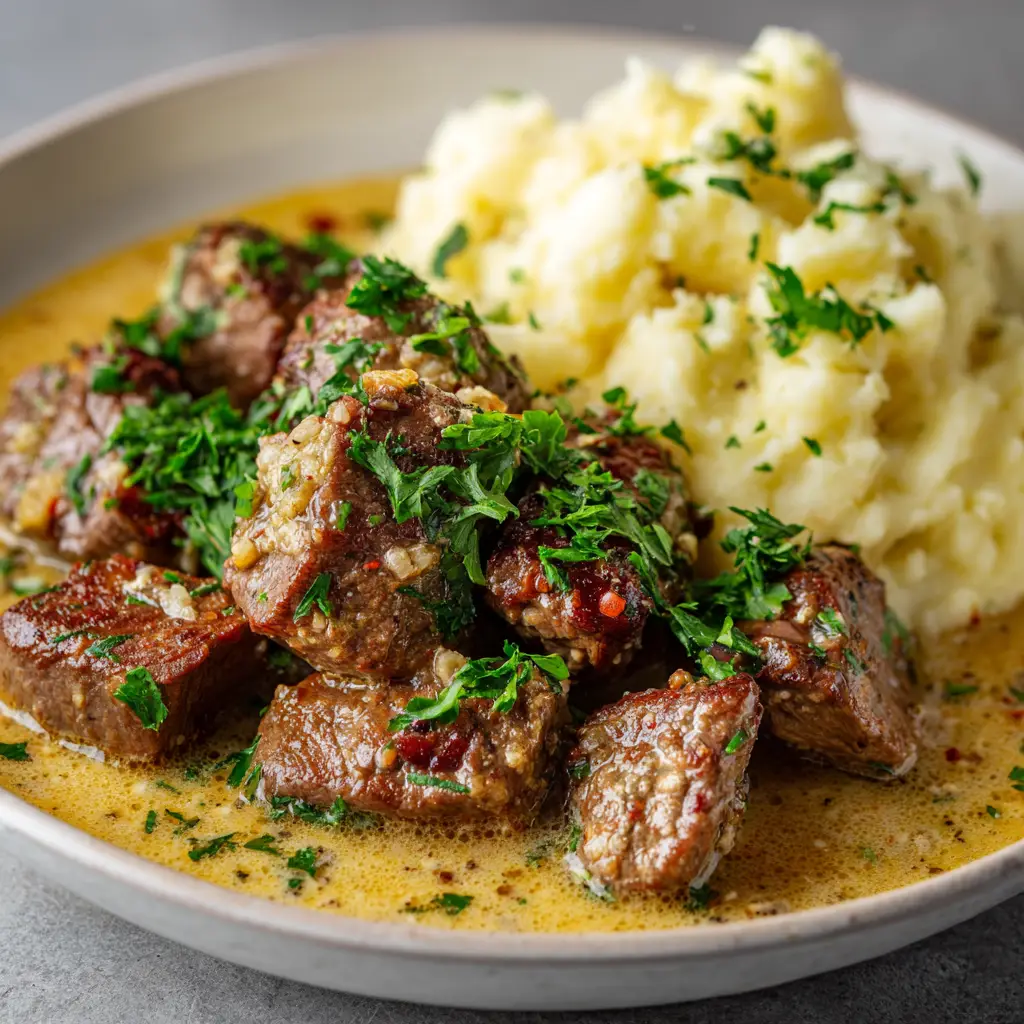 A beautiful white ceramic plate with juicy garlic butter steak bites next to a scoop of fluffy mashed potatoes.