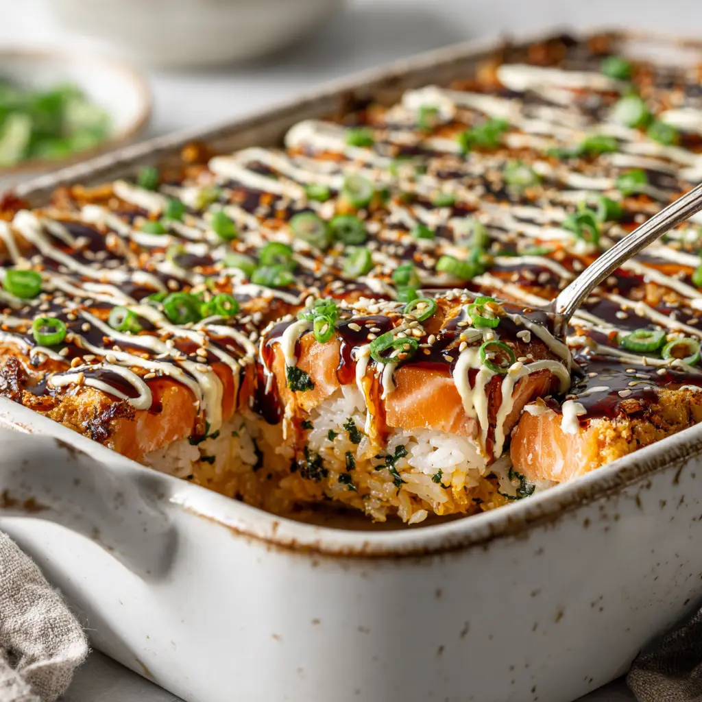 A close-up macro shot of a freshly baked salmon sushi bake in a rustic white casserole dish, showcasing its creamy texture. (salmon sushi bake recipe)