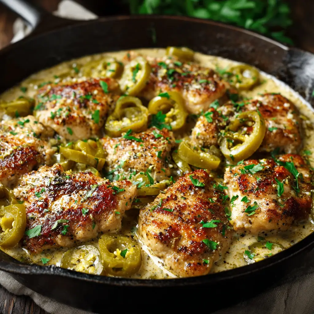 A macro food photography shot of Creamy Pepperoncini Chicken in a skillet, showing the golden-seared chicken and thick cream sauce.
