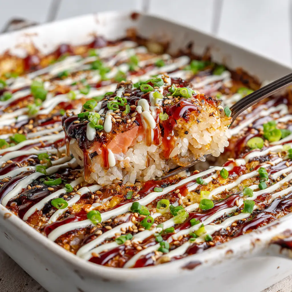 A scoop being taken from a salmon sushi bake, showing the rich layers of rice and creamy salmon filling.
