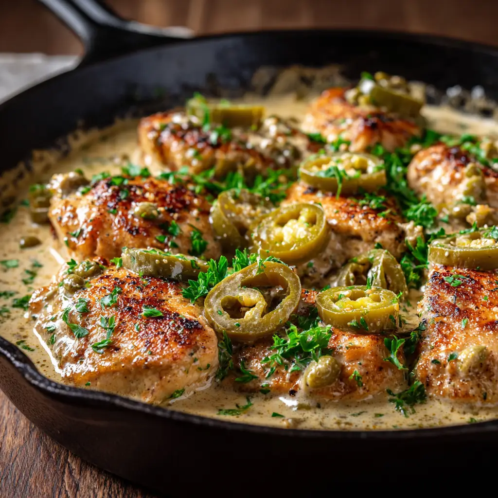 A side-angle view of the creamy pepperoncini chicken, highlighting the hearty textures of the sauce and sliced peppers.