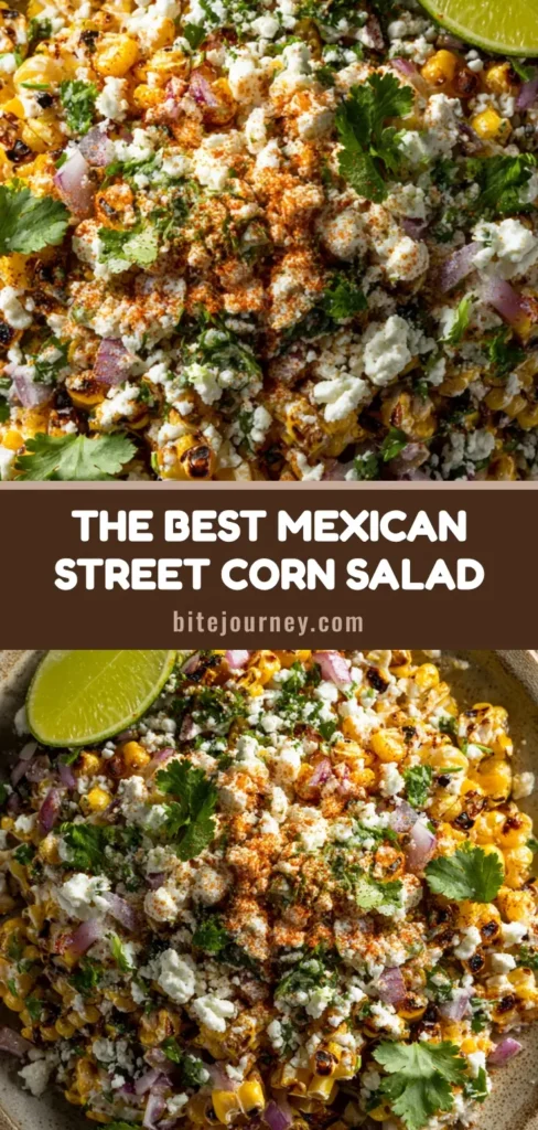 A close-up overhead shot of Mexican Street Corn Salad served on a rustic plate, highlighting the charred corn, creamy dressing, and crumbled cotija cheese.