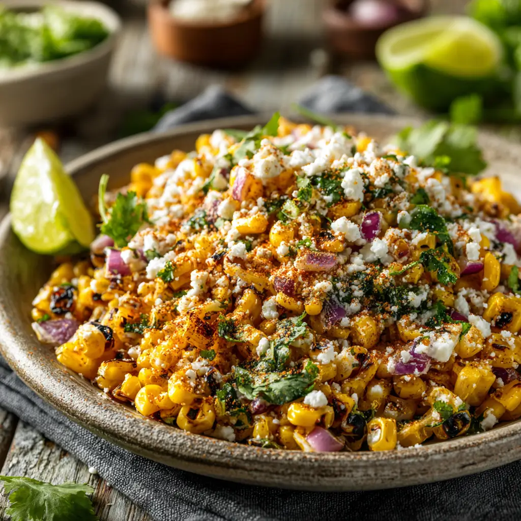 A macro shot of a spoonful of Mexican Street Corn Salad, showing the texture of the creamy dressing, charred kernels, and fresh cilantro.