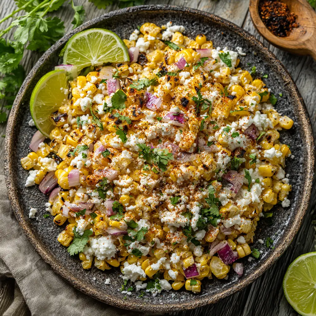 A beautiful presentation of the Mexican Street Corn Salad on a weathered wood surface, garnished with a fresh lime wedge and a dusting of chili powder.