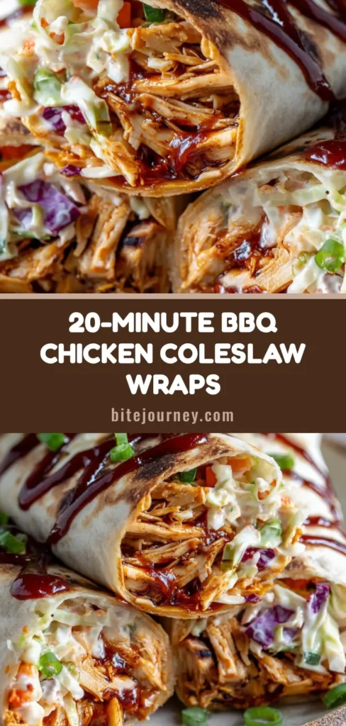 Two hearty BBQ chicken coleslaw wraps sliced on a bias on a rustic plate, revealing a filling of shredded chicken and creamy coleslaw, drizzled with extra BBQ sauce and garnished with green onions. (BBQ Chicken Coleslaw Wraps)