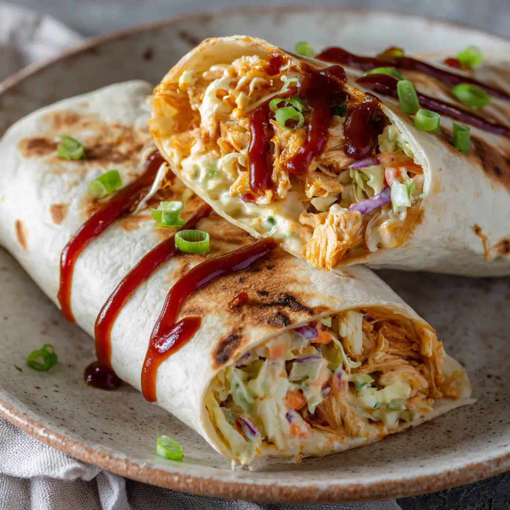 A close-up macro shot of a BBQ chicken coleslaw wrap, showing the texture of the grilled tortilla, shredded BBQ chicken, and colorful creamy coleslaw. (BBQ Chicken Coleslaw Wraps)