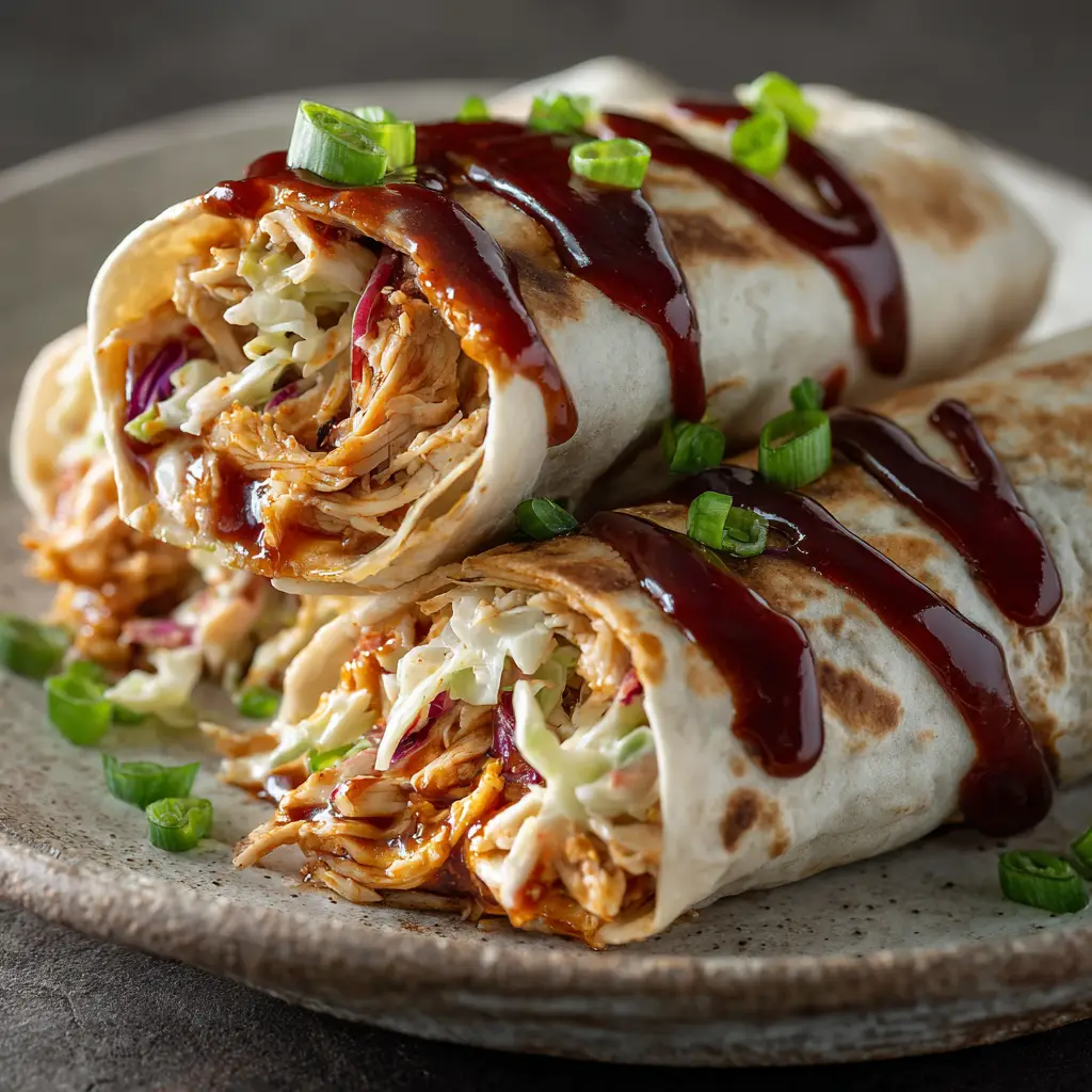 Two BBQ chicken coleslaw wraps arranged on a light gray plate, garnished with a final drizzle of BBQ sauce and fresh green onions.