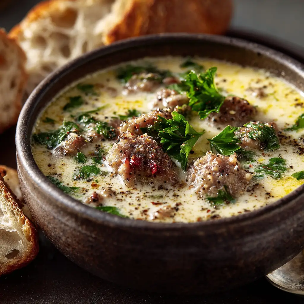 A macro photograph focusing on the rich texture of the ground sausage and creamy parmesan broth in the Italian Sausage Soup.