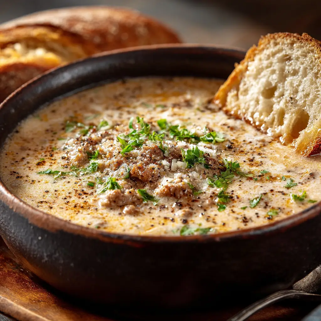 An overhead view of the Italian Sausage Soup in a dark ceramic bowl, showing the fresh parsley and black pepper garnish.