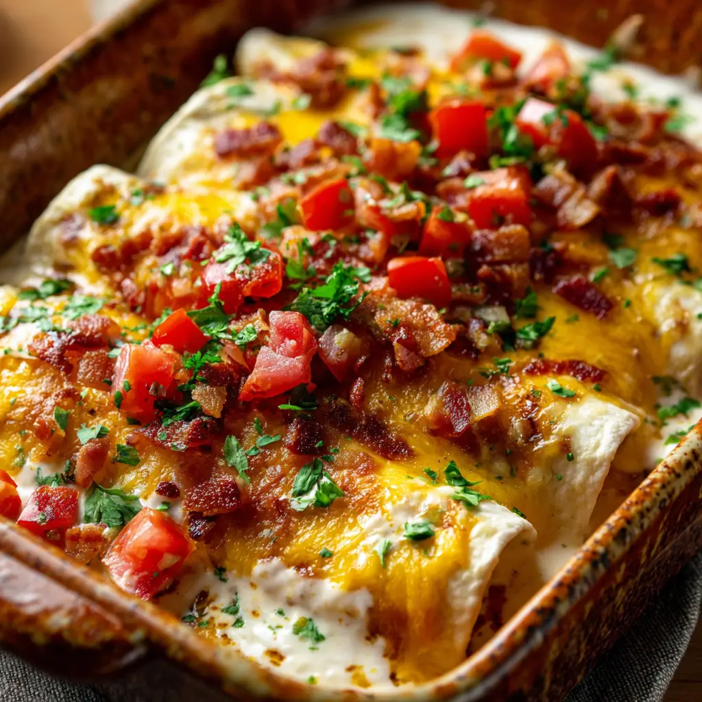 A serving of mouth-watering Jalapeño Popper Chicken Enchiladas, garnished with crispy bacon, diced tomatoes, and cilantro.