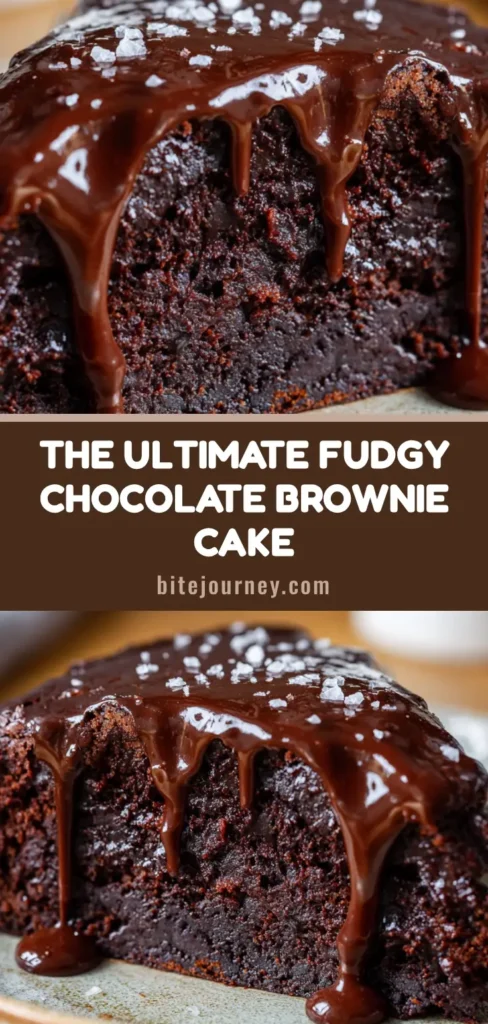 A perfect slice of Chocolate Brownie Cake on a rustic plate, featuring a dense, fudgy crumb and glossy chocolate ganache dripping down the side, topped with sea salt.