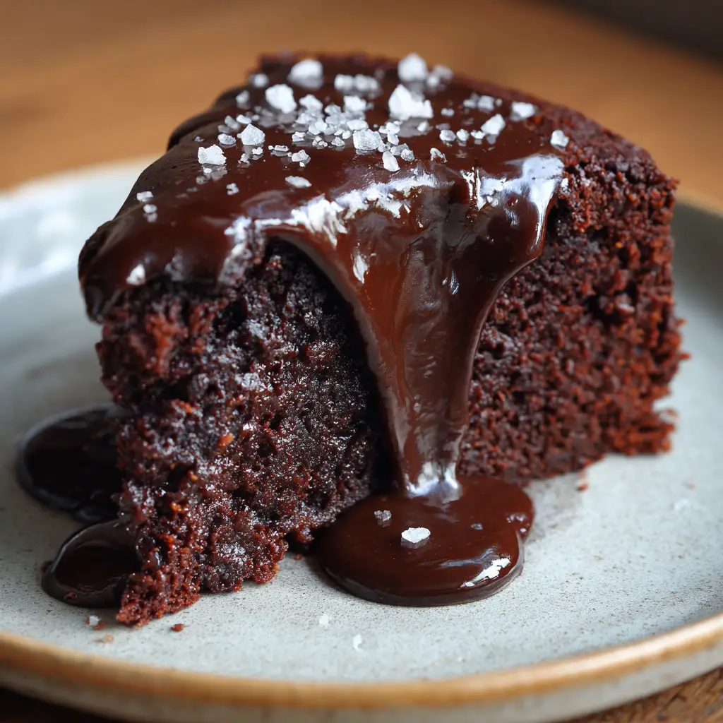 A slice of homemade chocolate brownie cake on a ceramic plate, with glossy ganache and sea salt flakes, set against a wooden table.