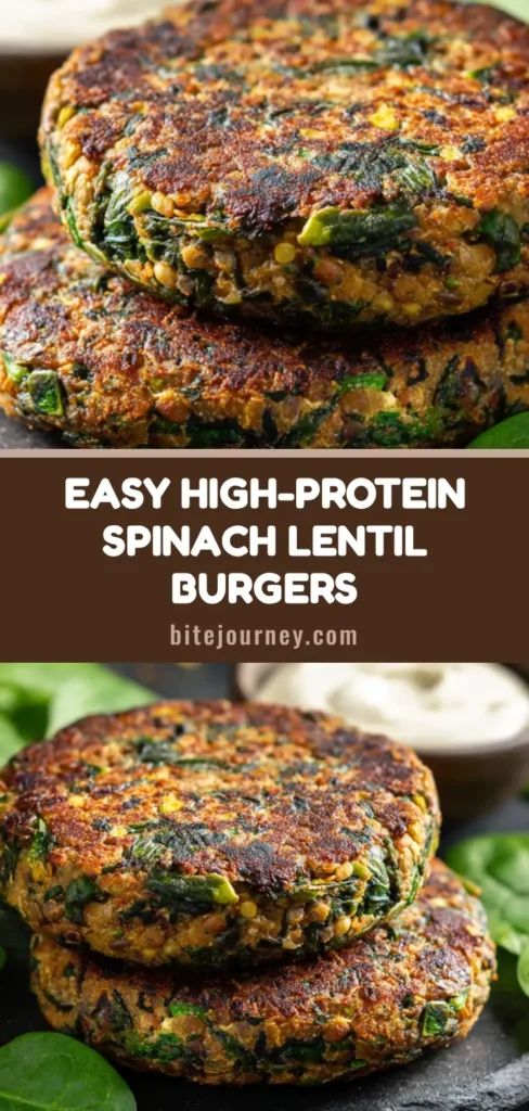 Two hearty Spinach Lentil Burgers stacked on a dark plate with a side of creamy dip. The patties have a visible texture of lentils and spinach and a golden-brown crust.