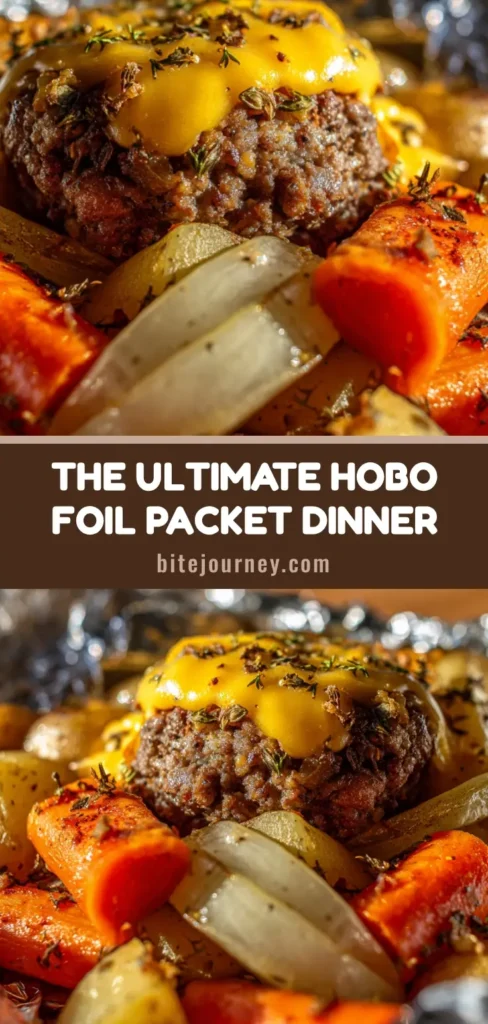 An overhead shot of a rustic hobo foil packet, unwrapped to show a cheesy ground beef patty, potatoes, and carrots. (Hobo foil packets)