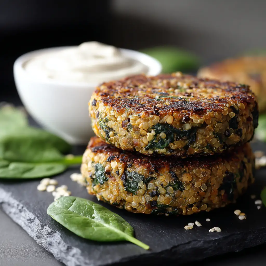 A stack of two thick spinach lentil burger patties, highlighting their hearty texture and savory herbs, ready to be served.