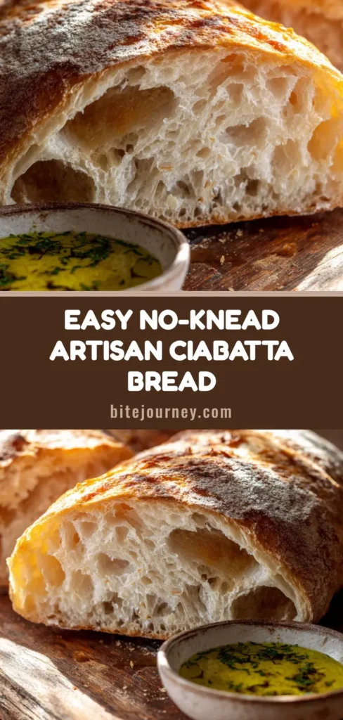 A rustic loaf of homemade ciabatta bread sliced open on a wooden board, revealing a beautiful airy crumb. A small bowl of olive oil sits beside it. (Homemade Ciabatta Bread)
