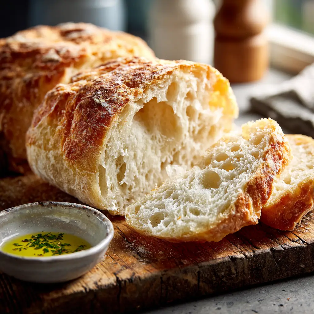 A close-up macro shot of a freshly baked loaf of homemade ciabatta bread. The golden-brown crust has a crunchy, rustic texture. (Homemade Ciabatta Bread)