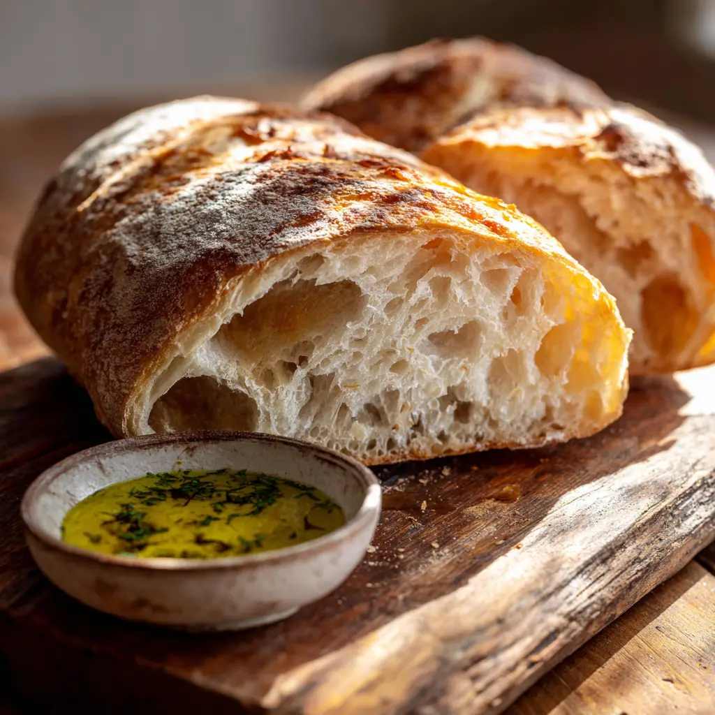 The interior of a sliced homemade ciabatta, showcasing the classic hearty and airy open crumb structure.