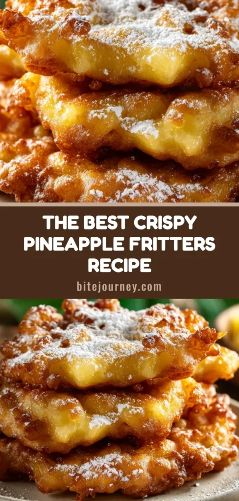 A tall stack of crispy golden-brown pineapple fritters on a white plate, generously dusted with powdered sugar.