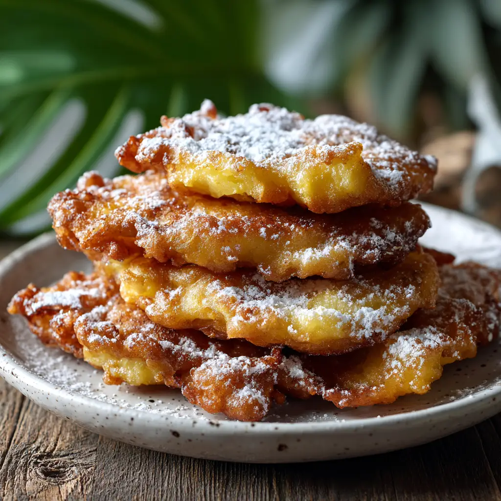 A close-up, macro shot highlighting the bubbly, crispy texture of freshly made pineapple fritters.