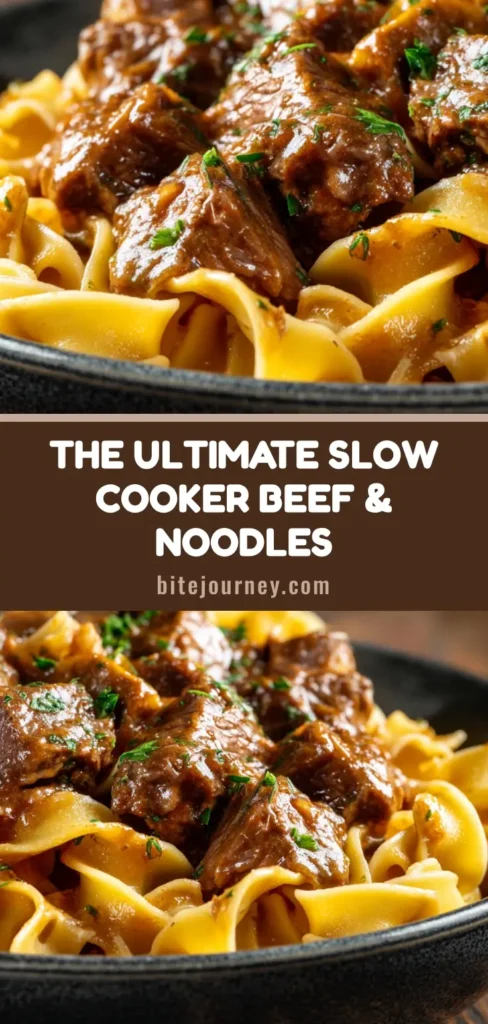 A close-up of Slow Cooker Beef and Noodles in a rustic dark ceramic bowl, garnished with fresh parsley.