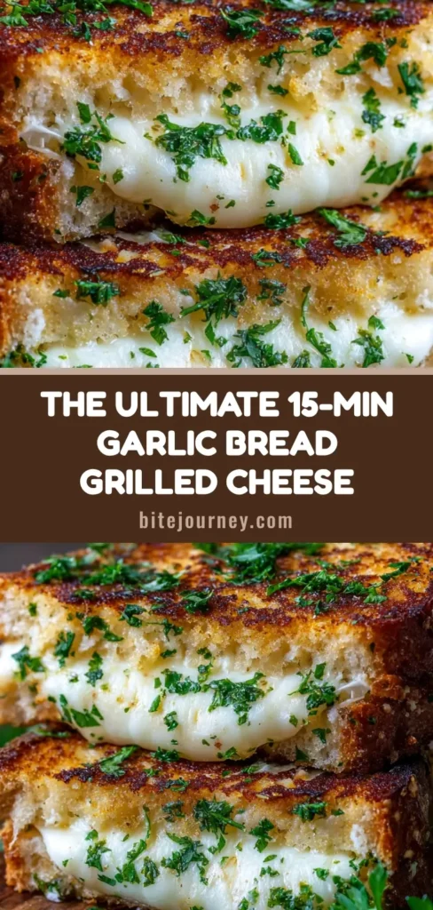 A close-up of a stacked Garlic Bread Grilled Cheese sandwich, cut in half to show a thick layer of melted mozzarella and provolone. The rustic bread is golden-brown and sprinkled with fresh parsley.