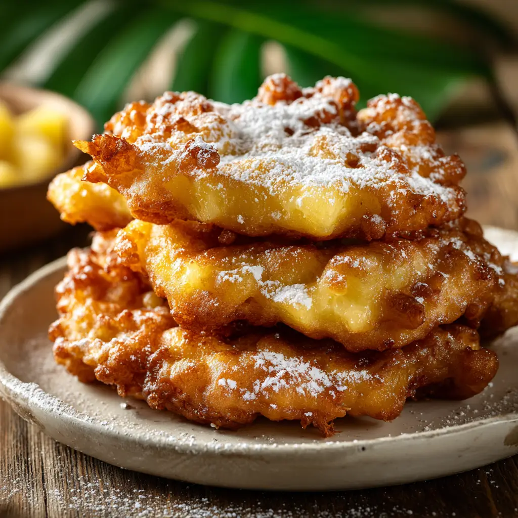 A stack of pineapple fritters on a rustic wooden table, with bright natural light creating a warm and inviting scene.