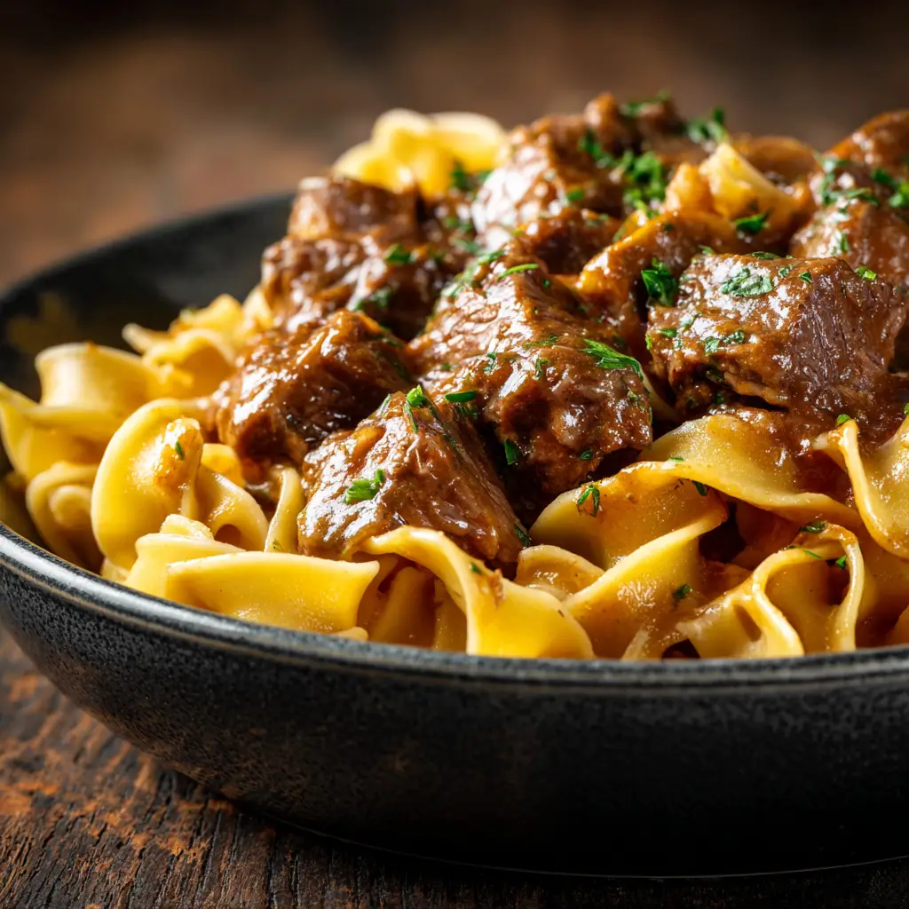A macro shot showcasing the texture of tender beef chunks and wide egg noodles in a rich brown gravy. (Slow Cooker Beef and Noodles)