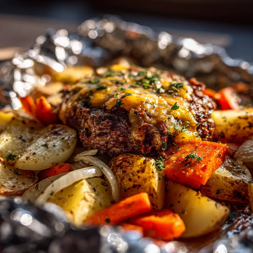 A close-up, macro shot of a freshly unwrapped hobo foil packet, emphasizing the juicy texture of the seasoned ground beef and melted cheese. (Hobo foil packets)