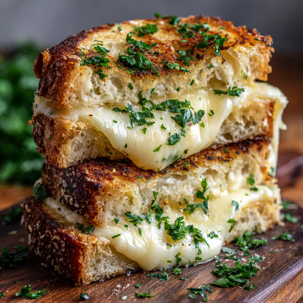 Two halves of a homemade Garlic Bread Grilled Cheese stacked on a dark wooden board, revealing a thick, irresistible cheese pull of mozzarella and provolone, garnished with fresh parsley.