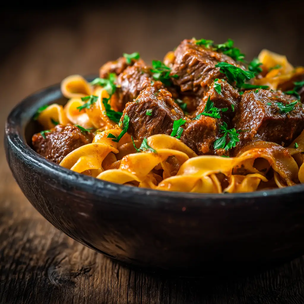 An abundant bowl of homemade slow cooker beef and noodles on a weathered wood surface, ready to eat.