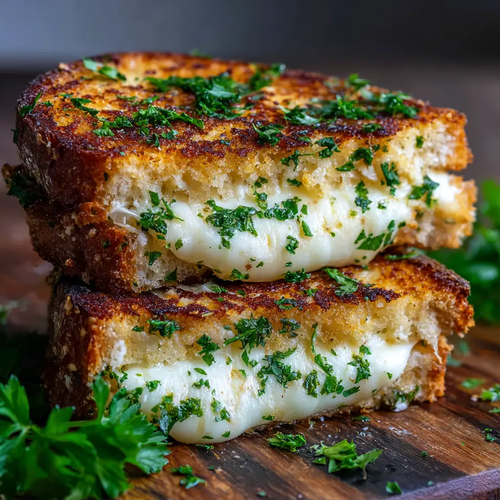A macro shot of a perfectly golden-brown Garlic Bread Grilled Cheese, highlighting the crunchy texture of the bread and the vibrant green parsley sprinkled on top.