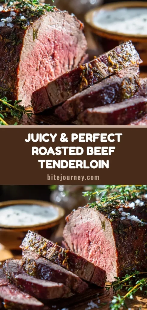 A perfectly roasted beef tenderloin, sliced to reveal a juicy pink center and a dark herb crust. Served on a wooden board with fresh thyme and a side of creamy horseradish sauce.