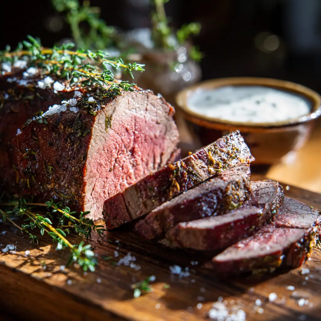 A side view of the roasted beef tenderloin, with expertly arranged slices next to the main roast on a dark wooden board, sprinkled with sea salt flakes.