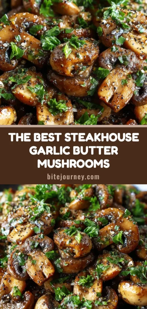 A close-up macro shot of hearty garlic butter mushrooms piled high in a rustic dark ceramic bowl, garnished with fresh parsley.