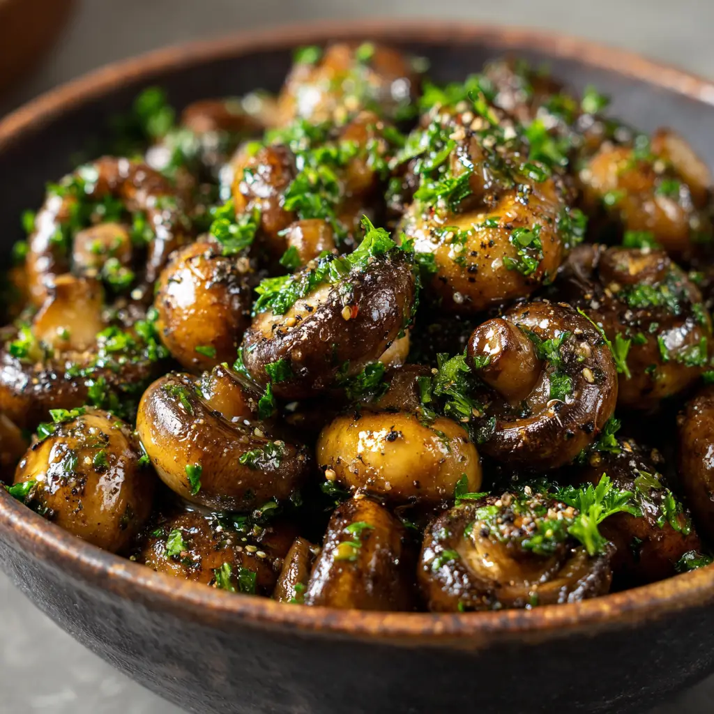 A heaping bowl of perfectly sautéed garlic butter mushrooms, showing off their glossy sauce and rich, earthy tones under bright natural light.