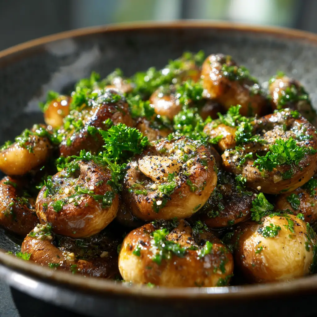 A process shot showing garlic butter mushrooms searing in a skillet, with minced garlic and parsley being added to create the sauce.
