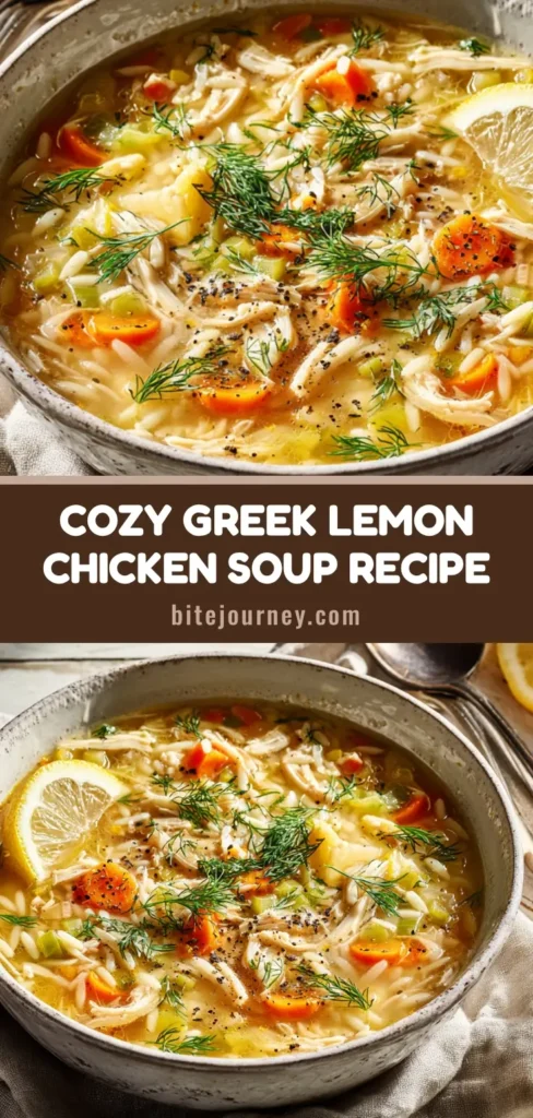 A rustic white bowl of authentic Greek Lemon Chicken Soup (Avgolemono), garnished with fresh dill and a lemon wedge on the side.