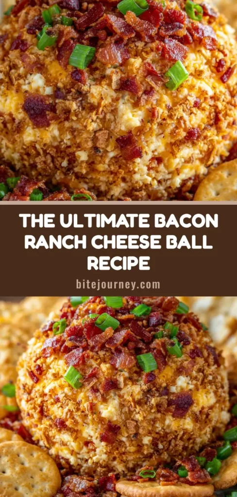 A close-up macro shot of a finished Bacon Cheddar Ranch Cheese Ball, generously coated with bacon bits, shredded cheddar, and green onions, ready to be served.