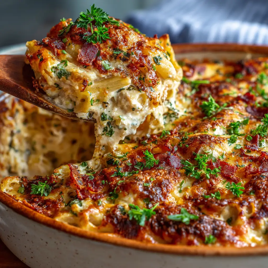 A rustic stoneware baking dish filled with a hearty Creamy Chicken Casserole, showing off its bubbly, melted cheese topping.