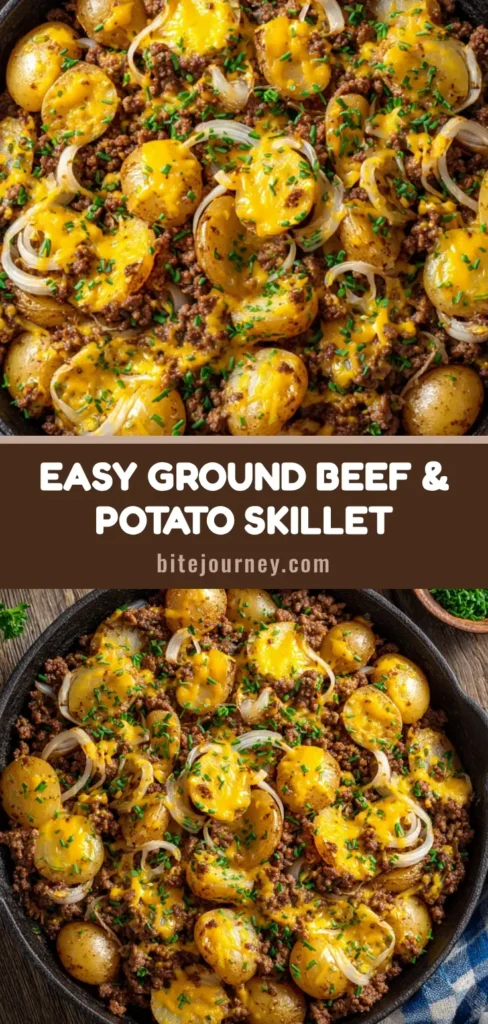 A top-down view of a rustic cast-iron skillet filled with a hearty ground beef and potatoes skillet, topped with melted cheddar cheese and fresh parsley.