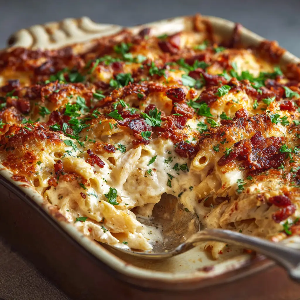 A serving spoon scooping into the Creamy Chicken Casserole, revealing the creamy layers of pasta and chicken inside.