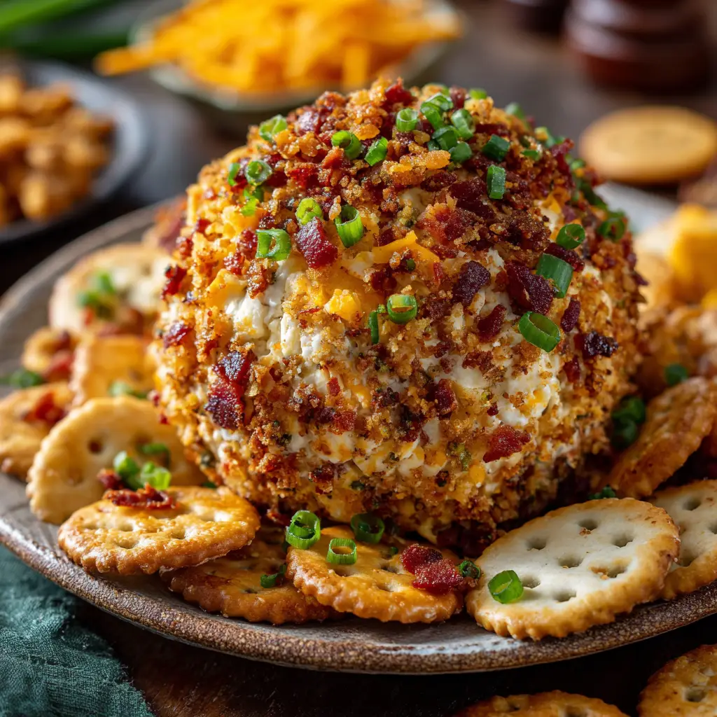 An inviting, rustic Bacon Cheddar Ranch Cheese Ball served on a charming ceramic plate, surrounded by an array of buttery crackers for dipping. The natural kitchen lighting highlights its rich textures.